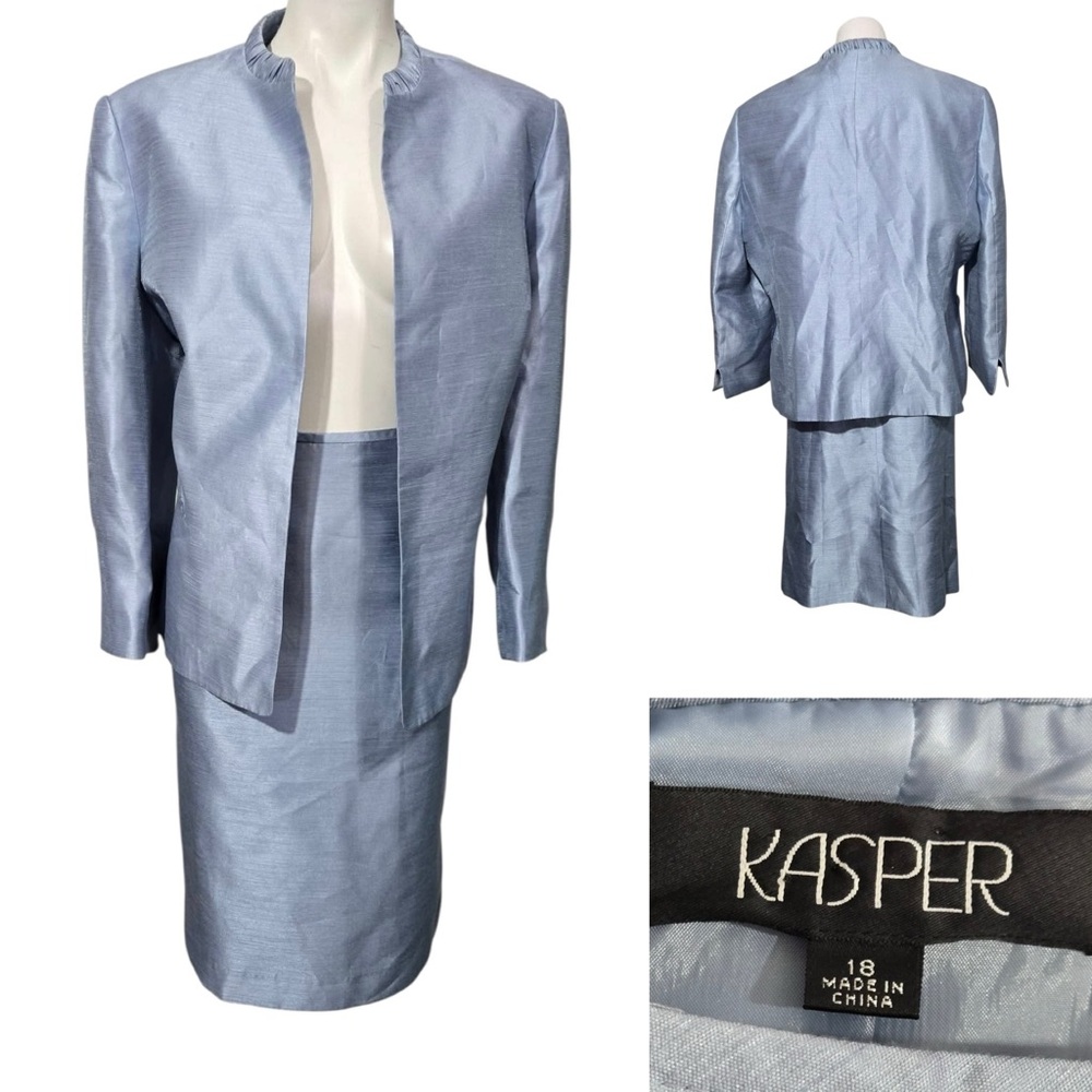 Kasper 2-piece skirt suit plus size 18 light‎ blue satin long sleeve knee length